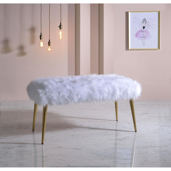 Gfancy Fixtures 18 x 38 x 20 in. White Faux Fur Gold Metal Upholstered Seat Bench GF3713417 - main